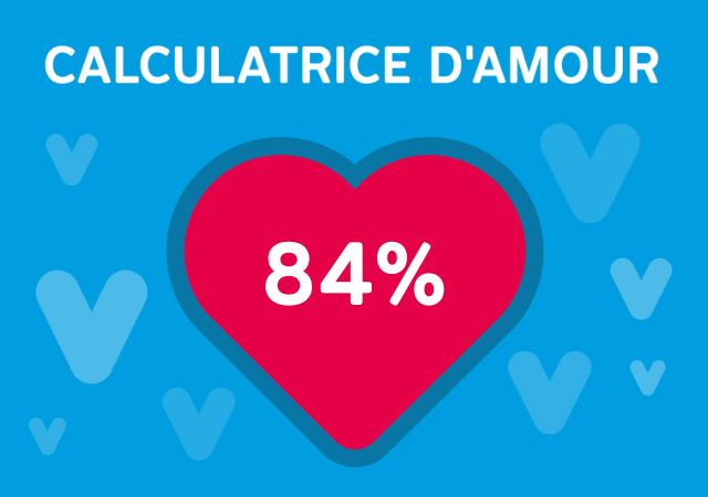 Calculatrice d'amour. Image d'un cœur avec le chiffre 84 %.